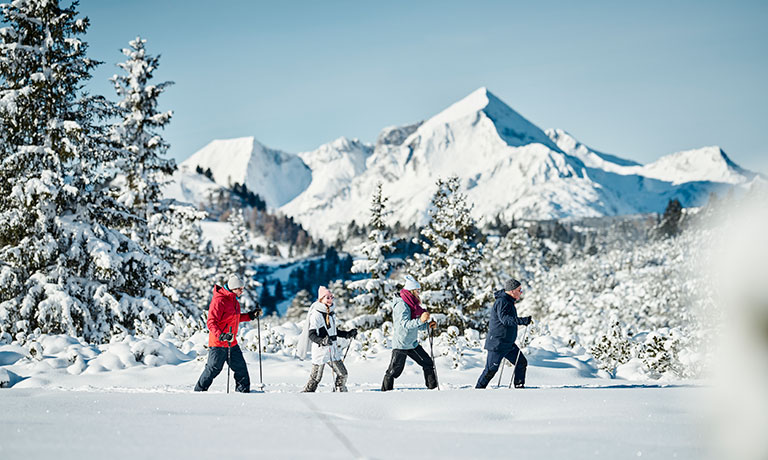 Eine Gruppe von Menschen beim Skifahren