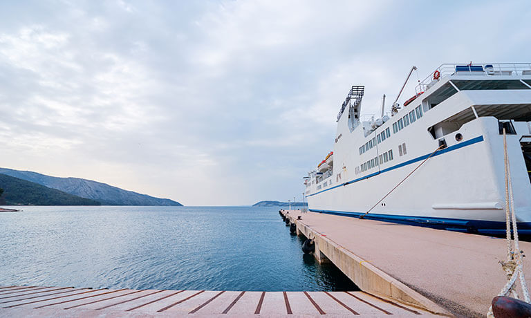 a large white ship docked at a pier