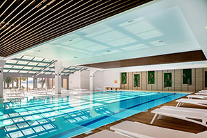 a swimming pool in a building